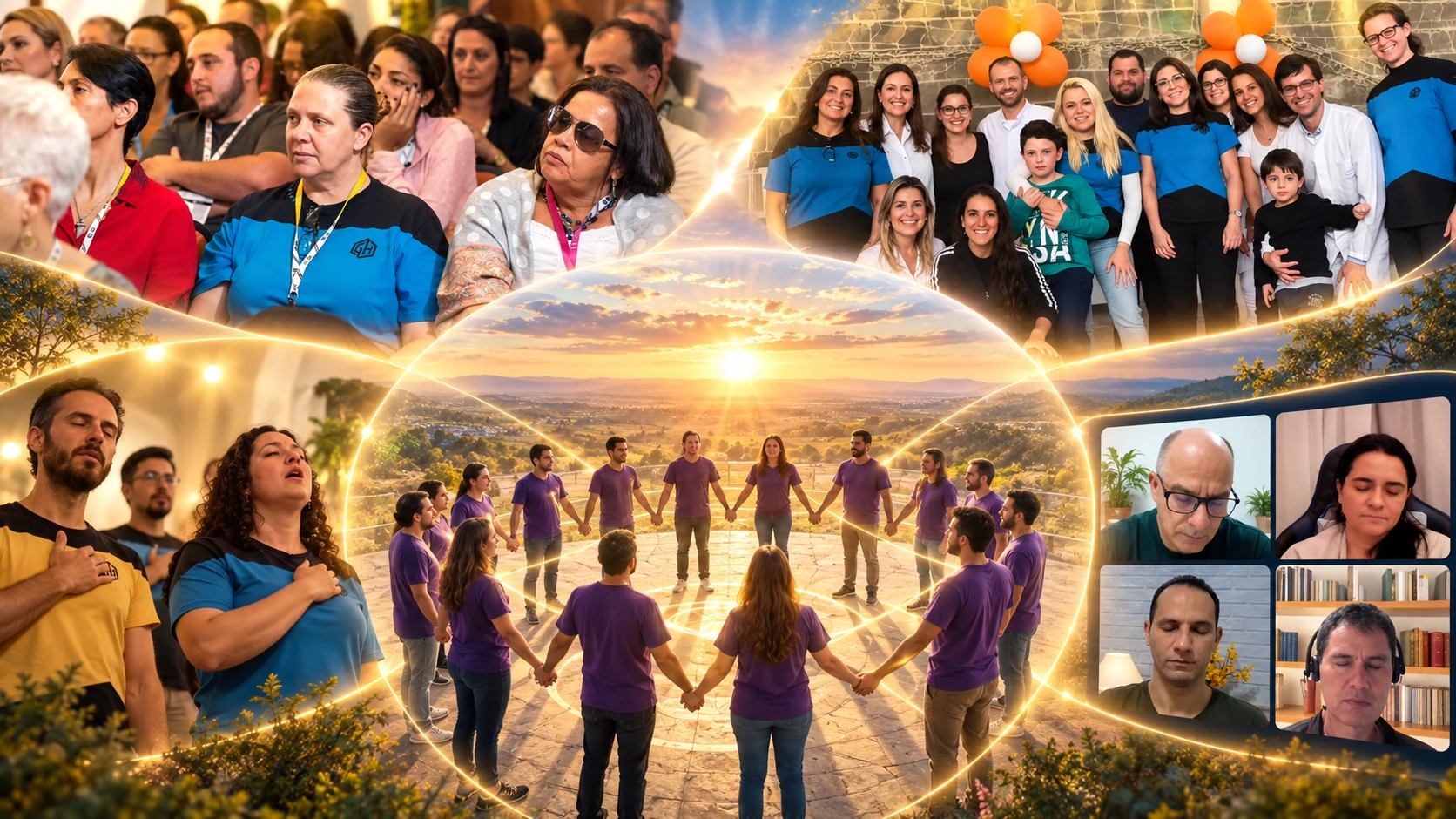 A mosaic of gatherings, group practices and online participation, connected by a symbolic circle of people holding hands.