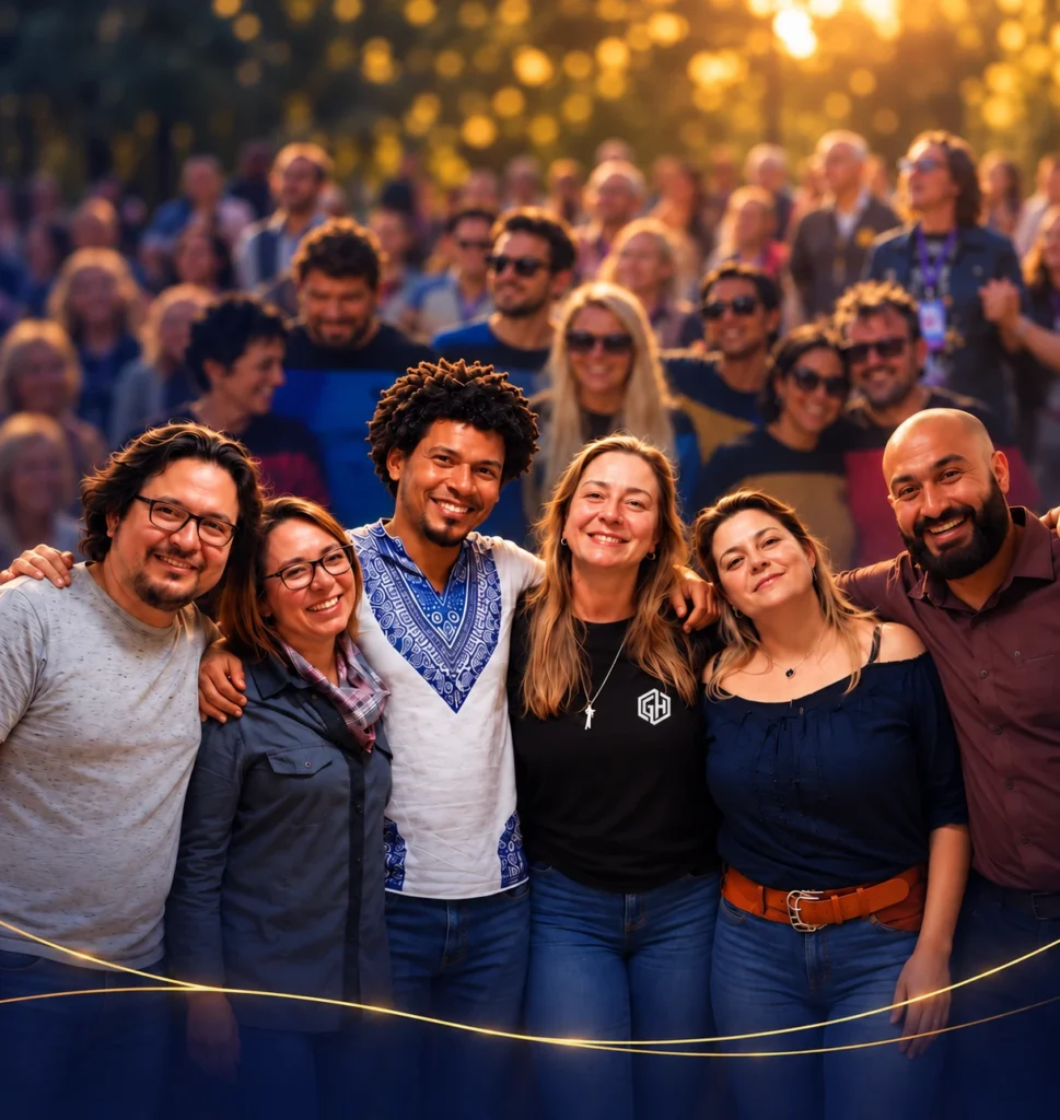 A composition of people smiling together, with a larger community in the background.