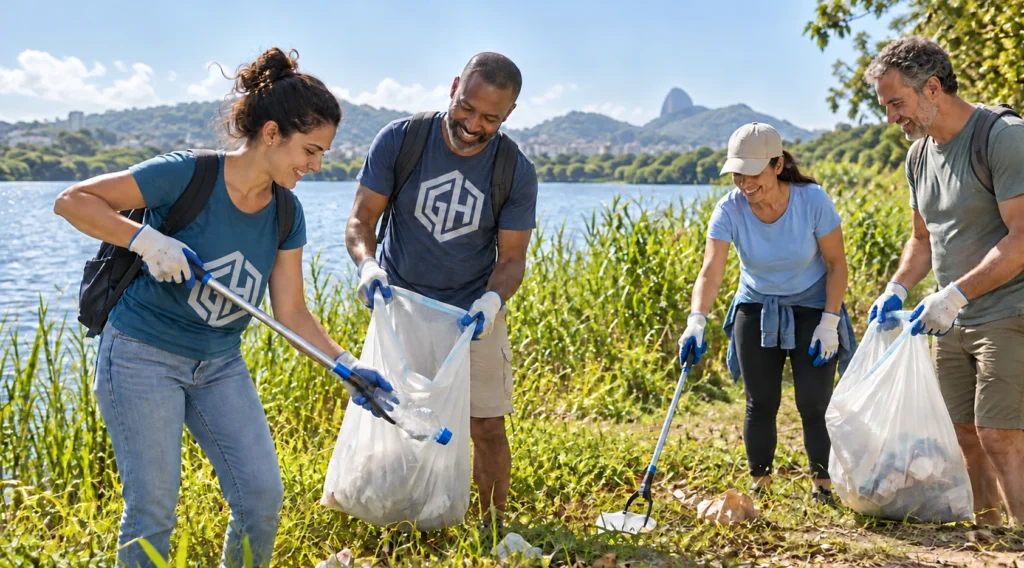 Volunteers collect litter by a lake during a shared environmental initiative.