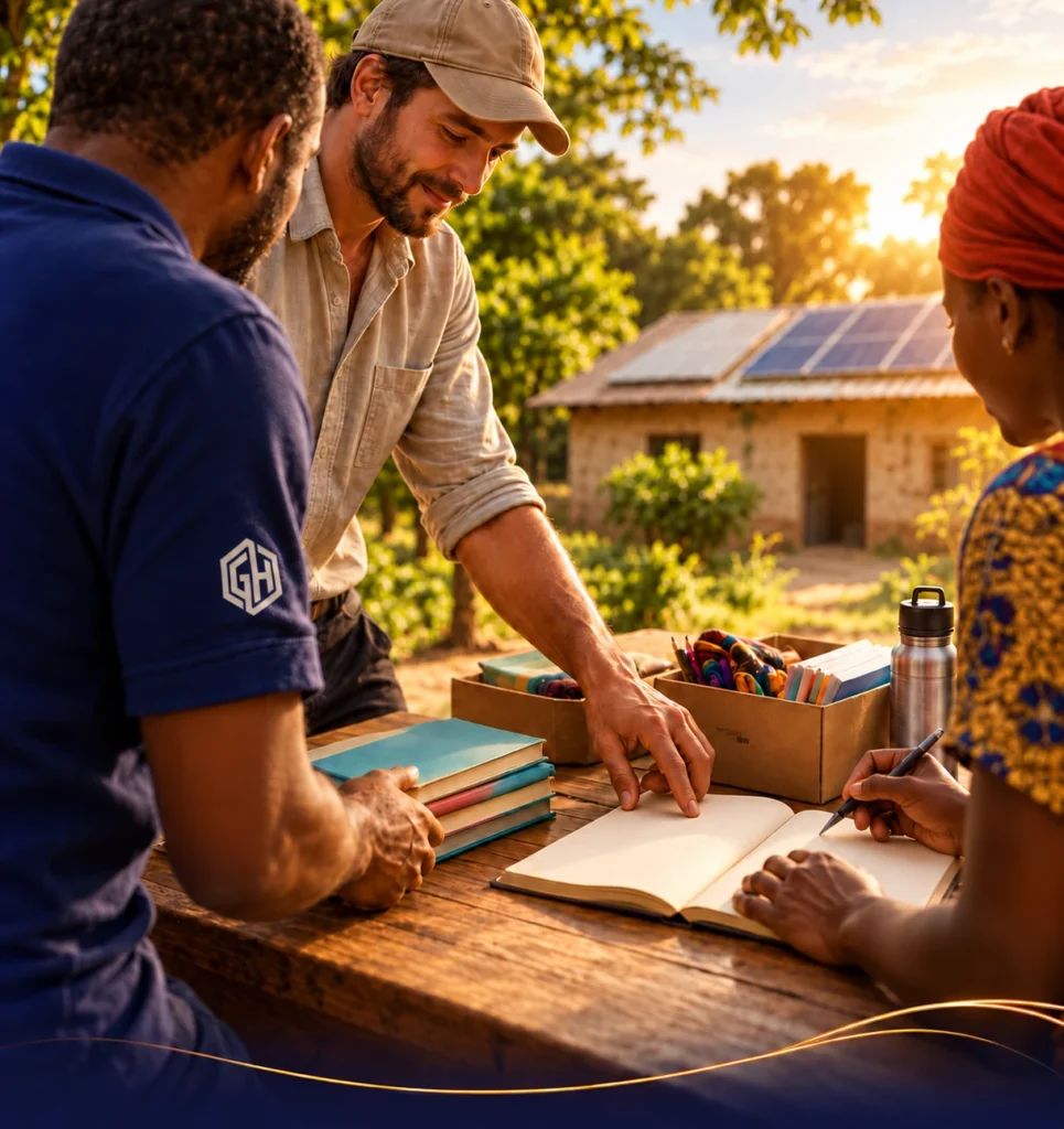 People collaborate around books and a notebook, with a community building and solar panels in the background.