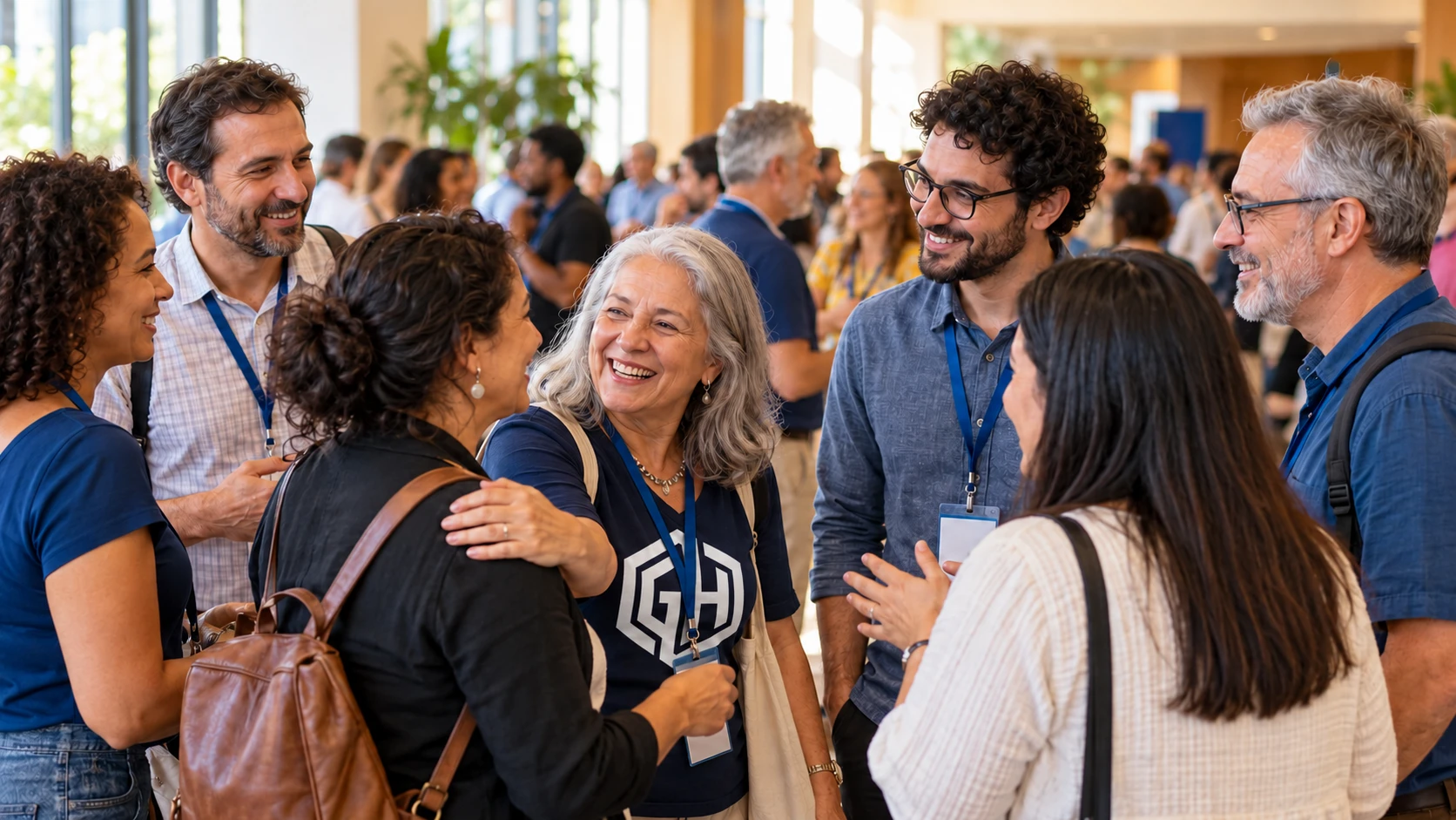 People of different ages talk and greet one another at a community gathering.