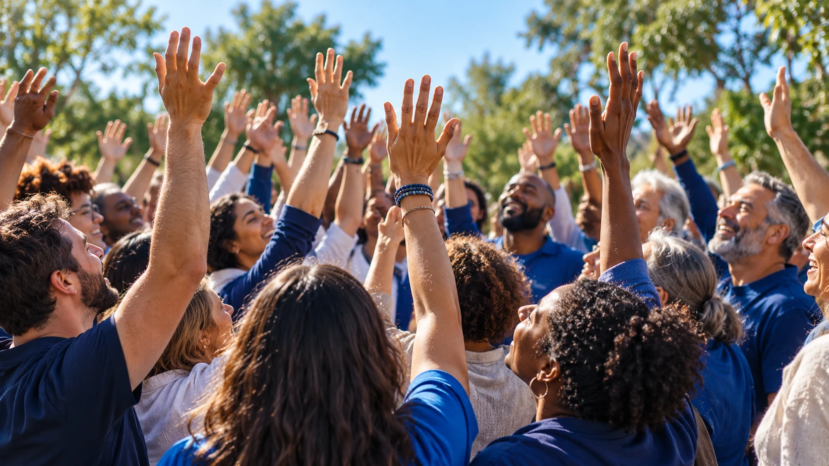 People of different generations gather outdoors, smiling and raising their hands in a gesture of unity.